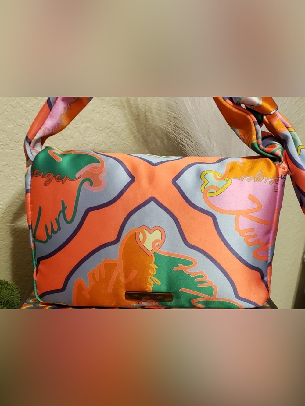 Kurt Geiger Kensington Coral Multicolor Knot-Shoulder Satin Bag NWT